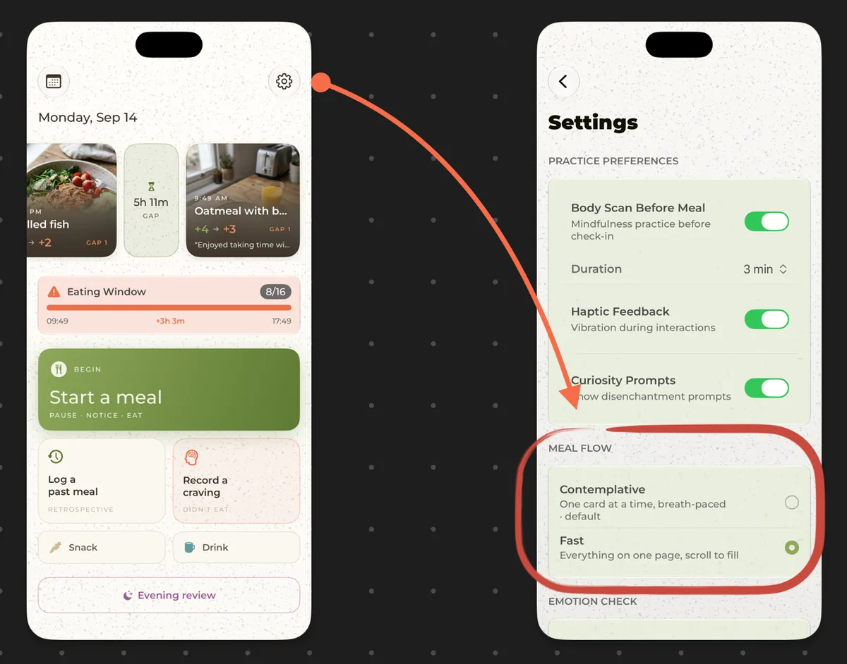 ProsoPlate's home screen and the Meal Flow setting: Contemplative or Fast