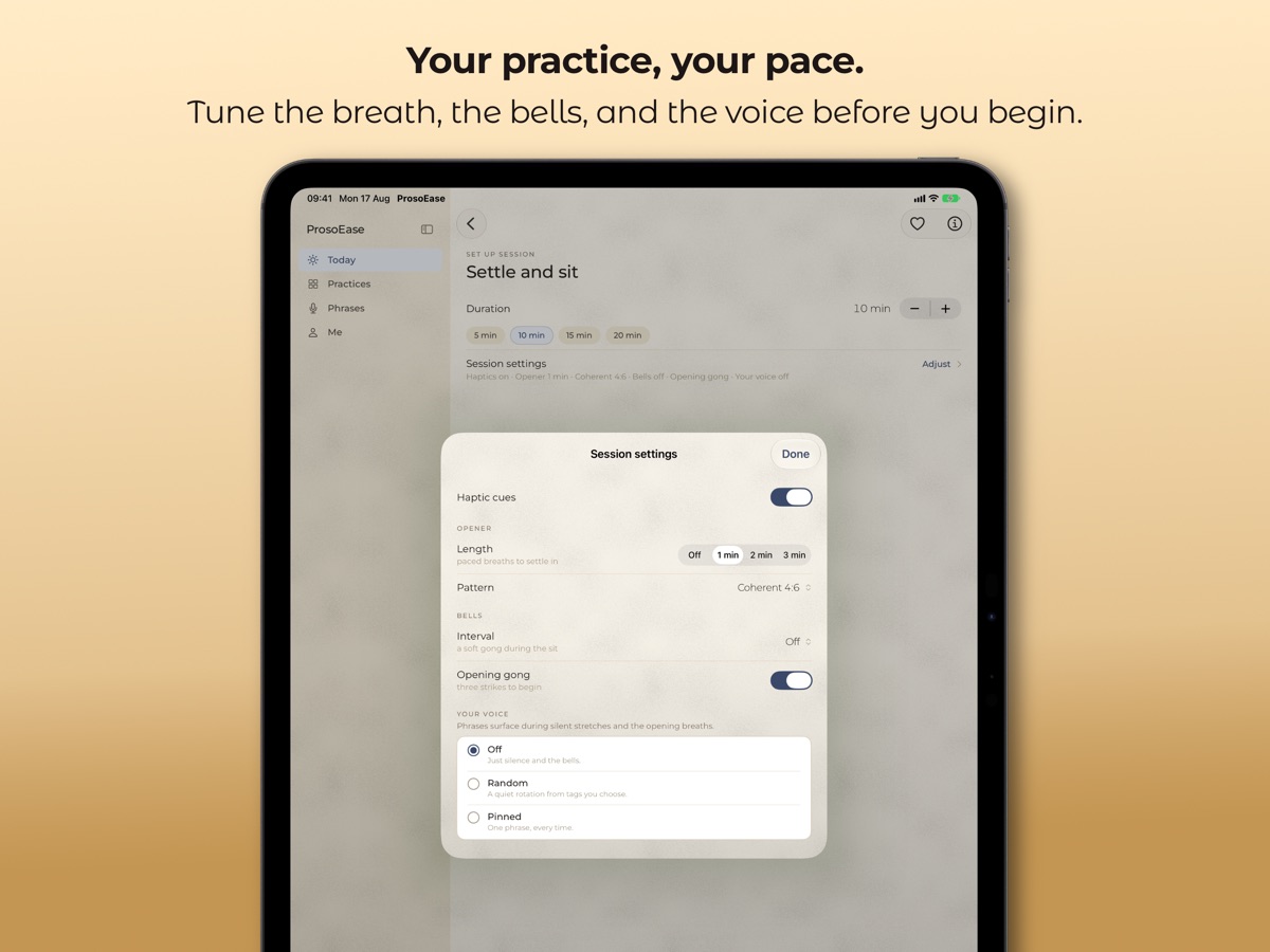 Your practice, your pace - session settings for breath, bells and voice