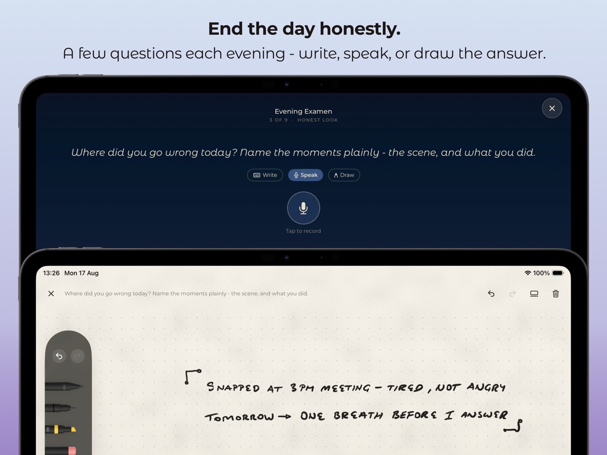End the day honestly - Evening Examen, answered by writing, speaking or drawing